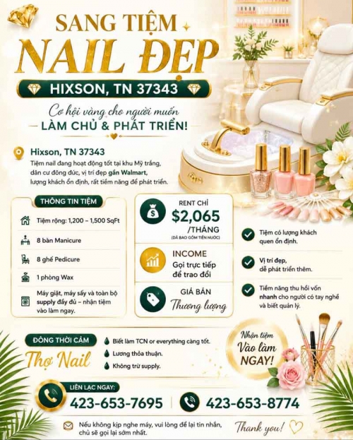 Bán/Sang Tiệm Nail Ở Hixson, Tennessee – 8 bàn, 8 ghế