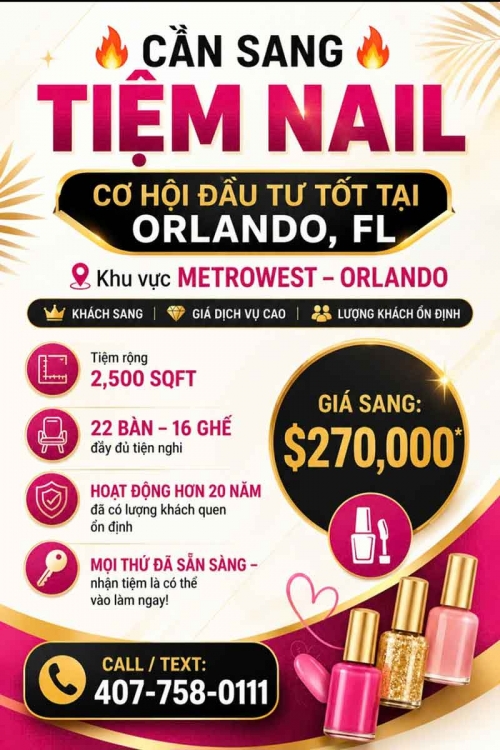 Bán/Sang Tiệm Nail Ở Orlando, Florida – 2,500 SQFT