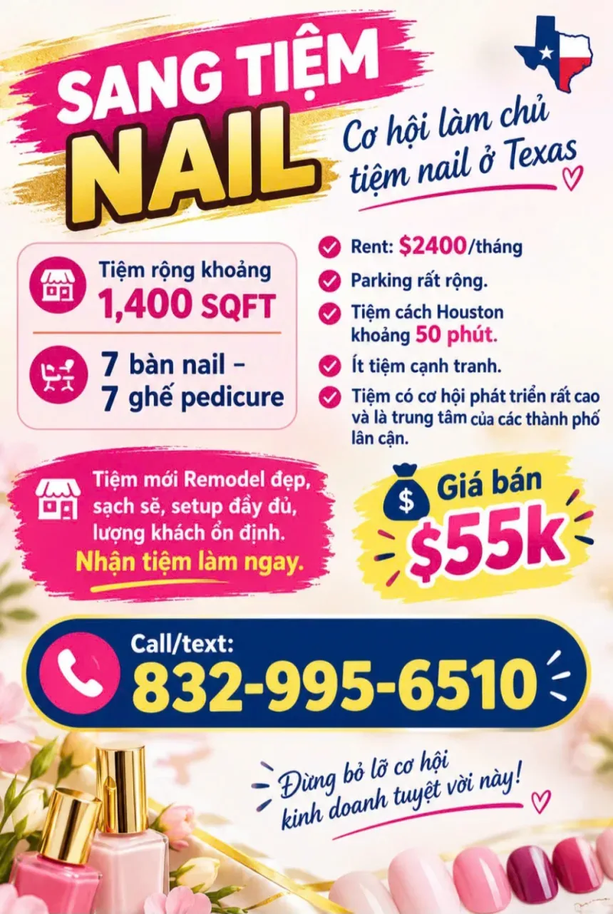 Cần Sang Tiệm Nail Ở Houston, Texas – 7 bàn, 7 ghế