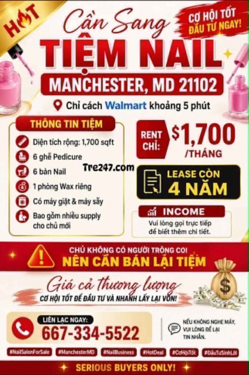 Cần Sang Tiệm Nail Ở Manchester, Maryland – 6 bàn, 6 ghế