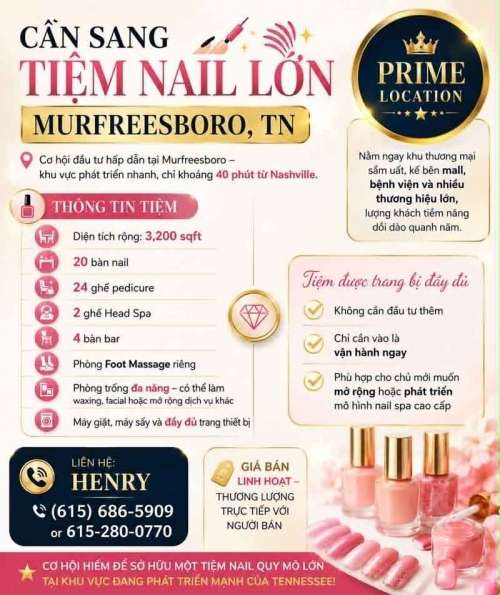 Cần Sang Tiệm Nail Ở Murfreesboro, Tennessee – 3,200 sqft