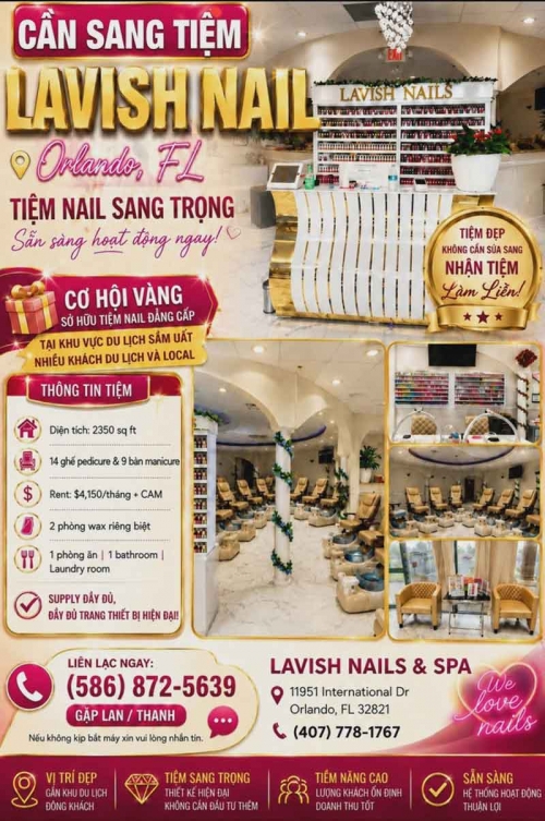 Cần Sang Tiệm Nail Ở Orlando, Florida – 9 bàn, 14 ghế