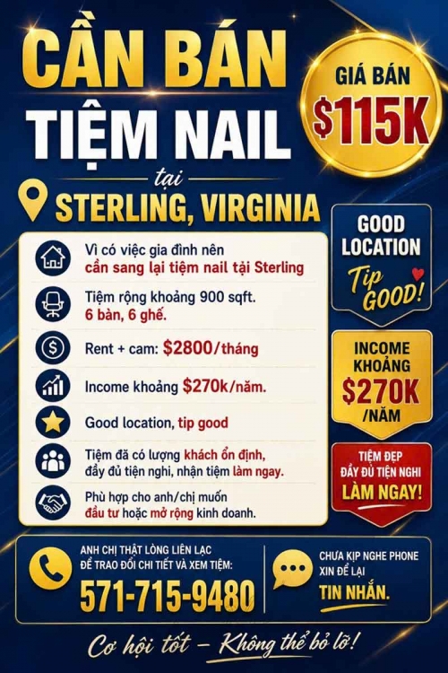 Cần Sang Tiệm Nail Ở Sterling, Virginia – 6 bàn, 6 ghế