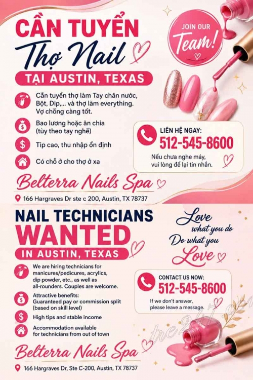 Cần Thợ Nail Tại Austin, Texas – Thợ bột, Tay chân nước, Dip