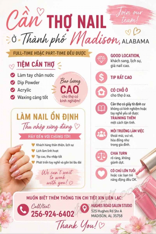 Cần Thợ Nail Tại Madison, Alabama – Thợ bột, Tay chân nước, Dip