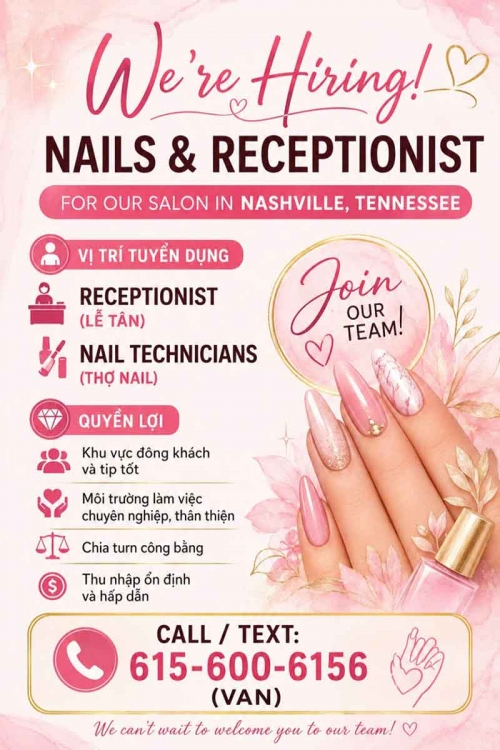 Cần Thợ Nail Tại Nashville, Tennessee – Receptionist, Dip, Gel