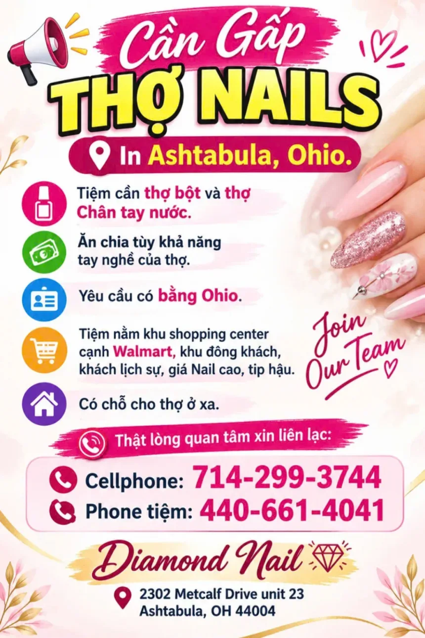 Cần Tuyển Thợ Nail Khu Ashtabula, Ohio – Thợ Nail