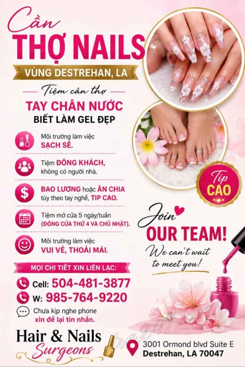 Cần Tuyển Thợ Nail Khu Destrehan, Louisiana – Tay chân nước, Gel