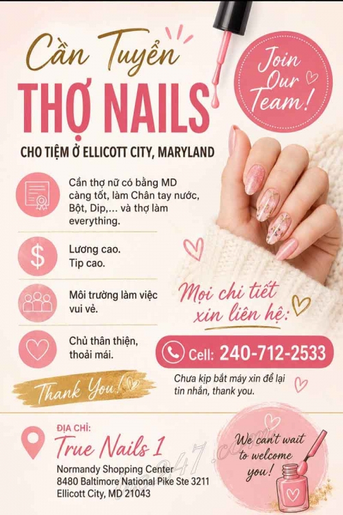 Cần Tuyển Thợ Nail Khu Ellicott City, Maryland – Dip, Everything