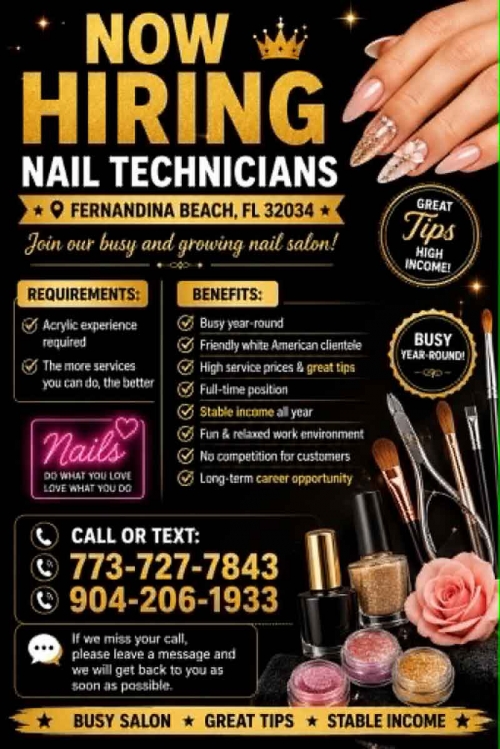 Cần Tuyển Thợ Nail Khu Fernandina beach, Florida – Thợ bột