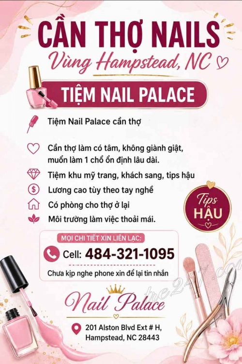 Cần Tuyển Thợ Nail Khu Hampstead, North Carolina – Tay chân nước, Dip, Gel