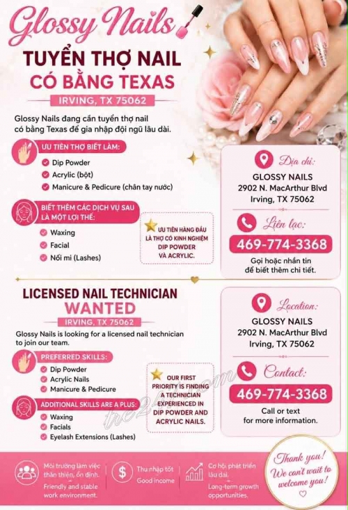 Cần Tuyển Thợ Nail Khu Irving, Texas – Thợ bột, Tay chân nước, Dip