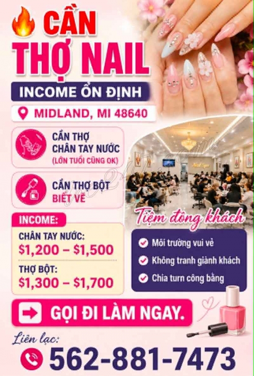 Cần Tuyển Thợ Nail Khu Midland, Michigan – Thợ bột