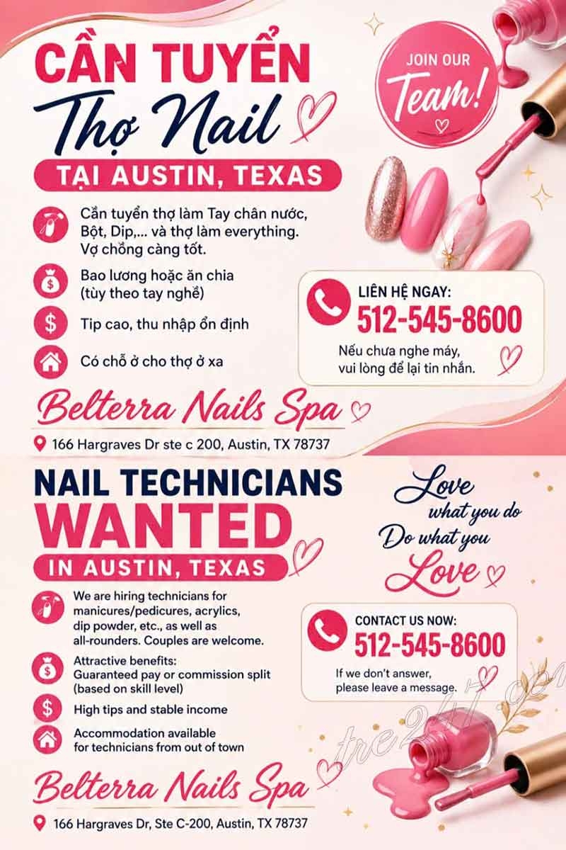 CẦN TUYỂN THỢ NAIL TẠI AUSTIN, TEXAS