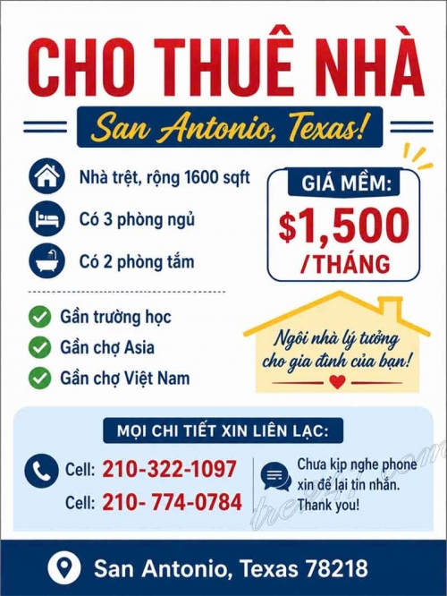 Cho Thuê Nhà - San Antonio, Texas!