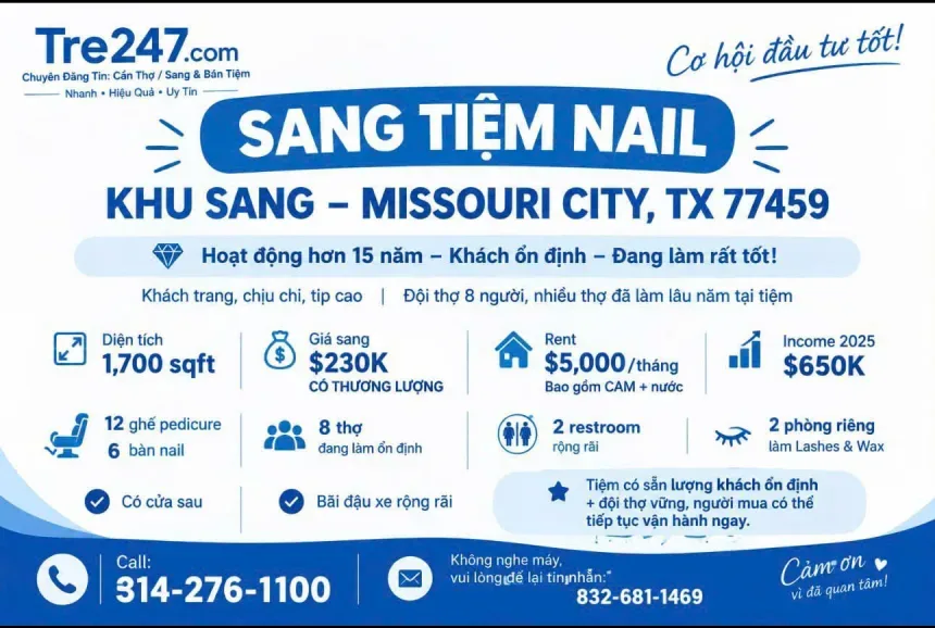 Cơ Hội Sang Tiệm Nail Ở Missouri City, Texas – Giá $230K