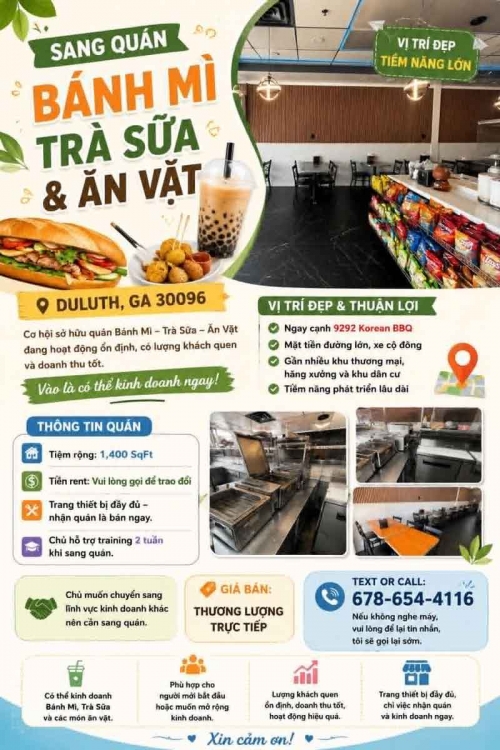 Sang quán bánh mì trà sữa & ăn vặt Duluth, GA 30096