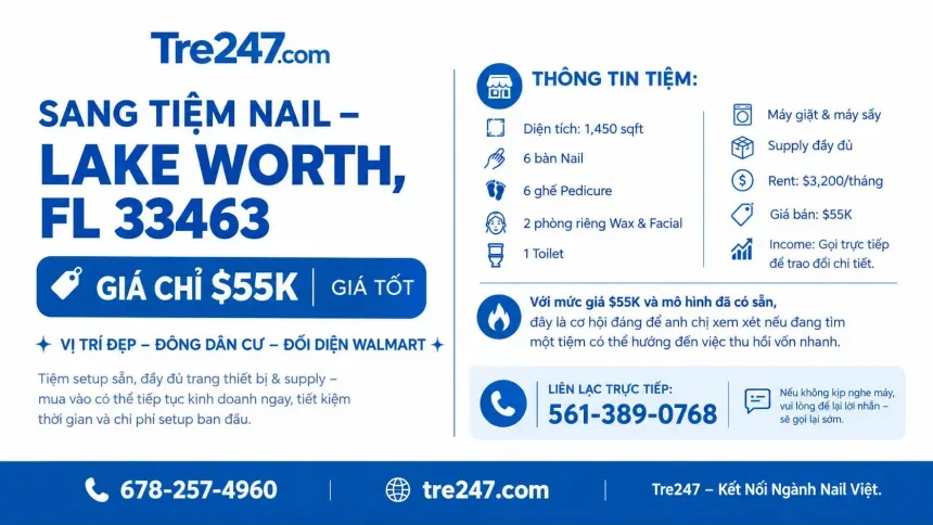 Sang Tiệm Nail Khu Lake Worth, Florida – Rent $3,200/tháng
