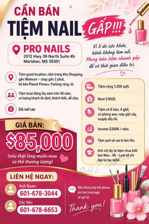 Sang Tiệm Nail Khu Meridian, Mississippi – Rent $1600
