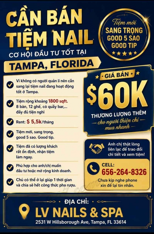 Sang Tiệm Nail Khu Tampa, Florida – Rent $5,5k/tháng