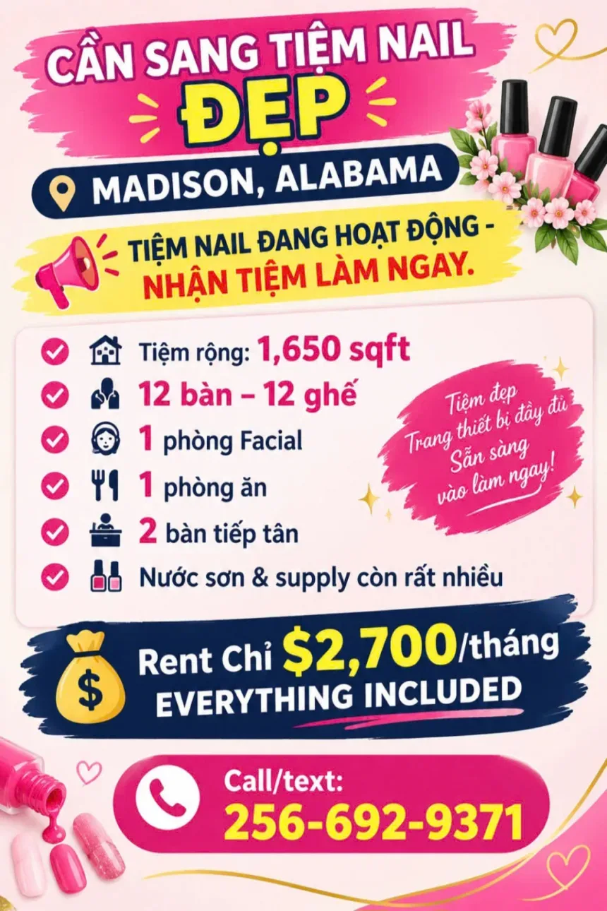 Sang Tiệm Nails Madison, Alabama – Giá Sang $245,000