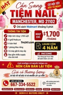 Cần Sang Tiệm Nail Ở Manchester, Maryland – 6 bàn, 6 ghế