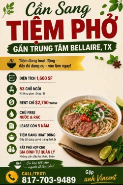 Cần sang tiệm phở gần trung tâm Bellaire, Texas