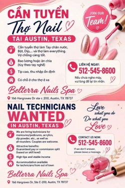 Cần Thợ Nail Tại Austin, Texas – Thợ bột, Tay chân nước, Dip
