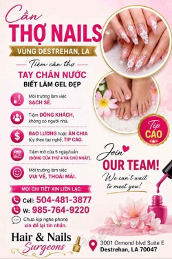 Cần Tuyển Thợ Nail Khu Destrehan, Louisiana – Tay chân nước, Gel