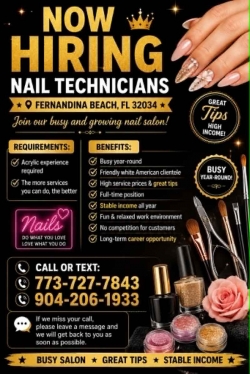 Cần Tuyển Thợ Nail Khu Fernandina beach, Florida – Thợ bột
