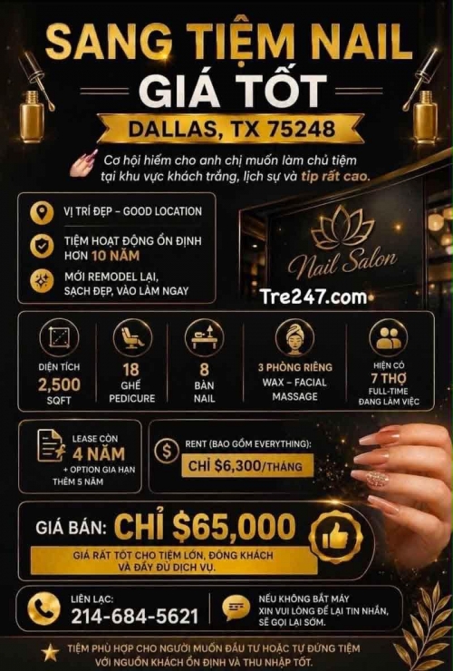 Tiệm Nail Cần Sang Tại Dallas, Texas – 8 bàn