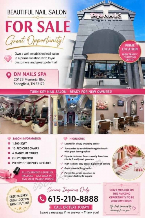 Tiệm Nail Cần Sang Tại Springfield, Tennessee – 6 bàn