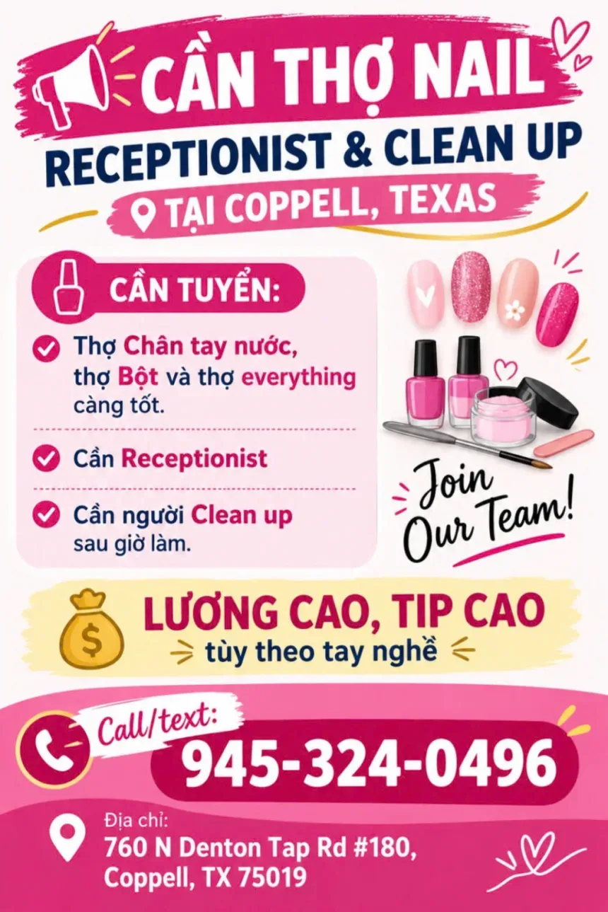 Tiệm Nail Cần Thợ Tại Coppell, Texas – Thợ bột, Receptionist, Everything