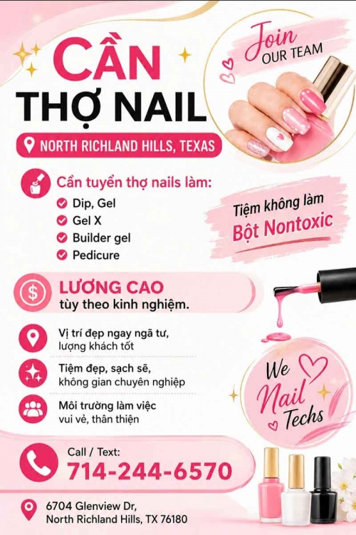 Tiệm Nail Cần Thợ Tại North Richland Hills, Texas – Tay chân nước, Dip, Gel