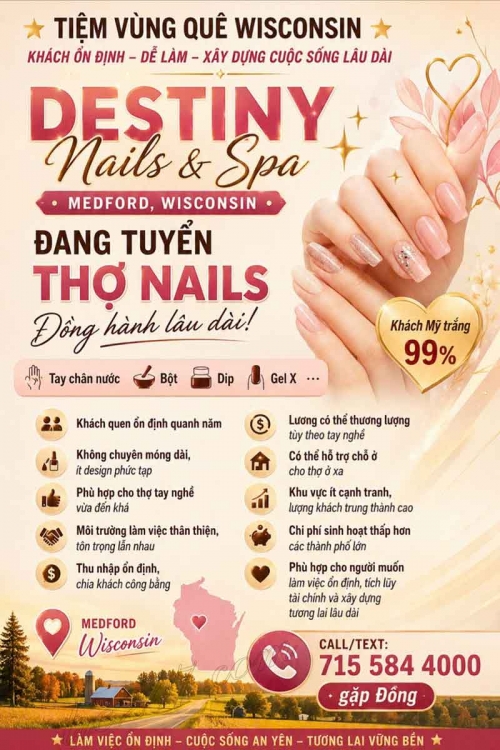 Tiệm Nail Cần Thợ Tại Wisconsin – Tay chân nước, Dip, Gel