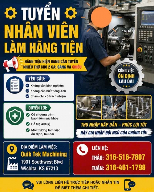 Tuyển nhân viên làm hãng tiện - Wichita, Kansas