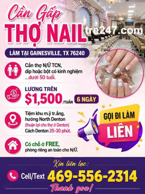Tuyển Thợ Nail Gainesville, Texas
