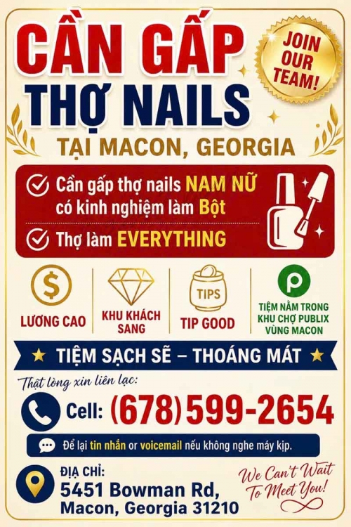 Tuyển Thợ Nail Macon, Georgia