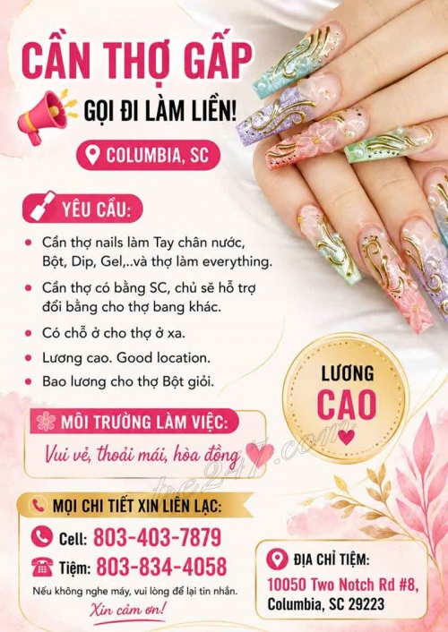 Tuyển Thợ Nail Ở Columbia, South Carolina – Thợ bột, Tay chân nước, Dip