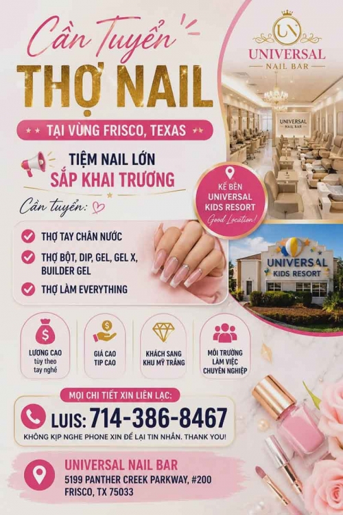 Tuyển Thợ Nail Ở Frisco, Texas – Tay chân nước, Dip, Gel