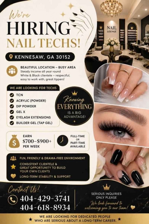 Tuyển Thợ Nail Ở Kennesaw, Georgia – Thợ bột, Tay chân nước, Dip